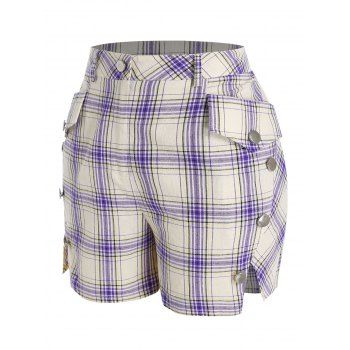 

Plus Size Plaid Slit Mock Button Pocket Shorts, Purple
