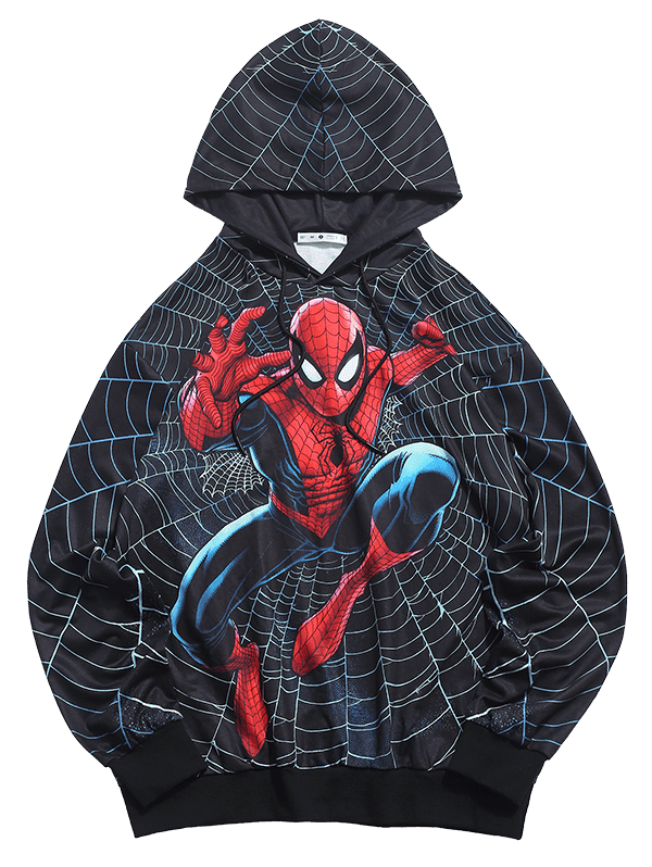 [24% OFF] 2021 Marvel Spider-Man Web Print Hoodie In BLACK | DressLily