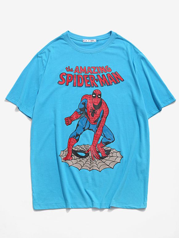 T-shirt Lettre Graphique Marvel Spider-Man Imprimé à Manches Courtes - Bleu L