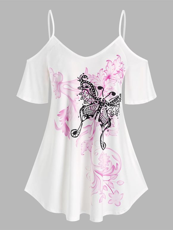 T-shirt à Imprimé Fleur Papillon à Epaule Dénudée de Grande Taille - Blanc 4X