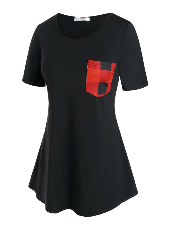 T-shirt Long à Carreaux avec Poche de Grande Taille - Noir 2X