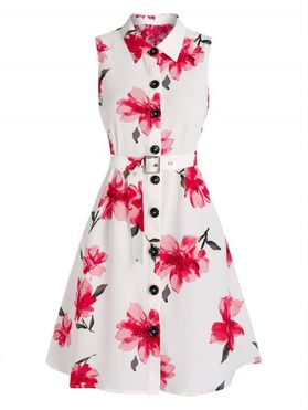 Flower Print Mini Shirt Dress Cottagecore Sleeveless Button Up Belted A Line Dress
