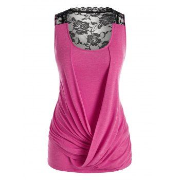 

Plus Size Two Tone Lace Panel Draped Front Tank Top, Light pink