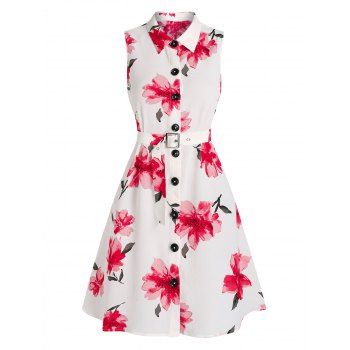 

Sleeveless Flower Print Belted Shirt Dress, White