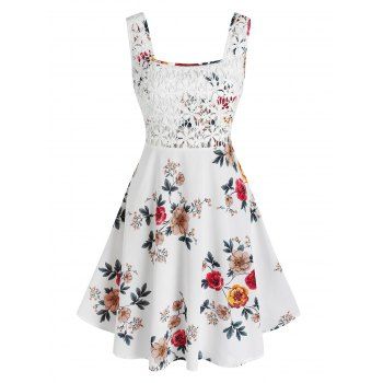 

Floral Print Summer Crochet Lace Panel Mini Flare Tank Dress, White