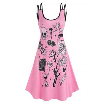 

Summer Cartoon Skull Print Strappy Gothic Tank Dress, Light pink