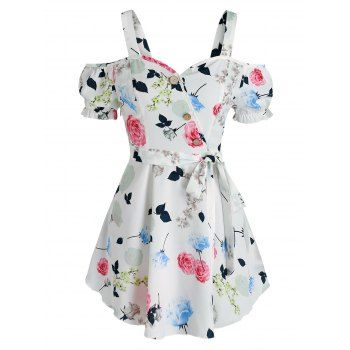 

Flower Print Mock Button Cold Shoulder Belted Blouse, White