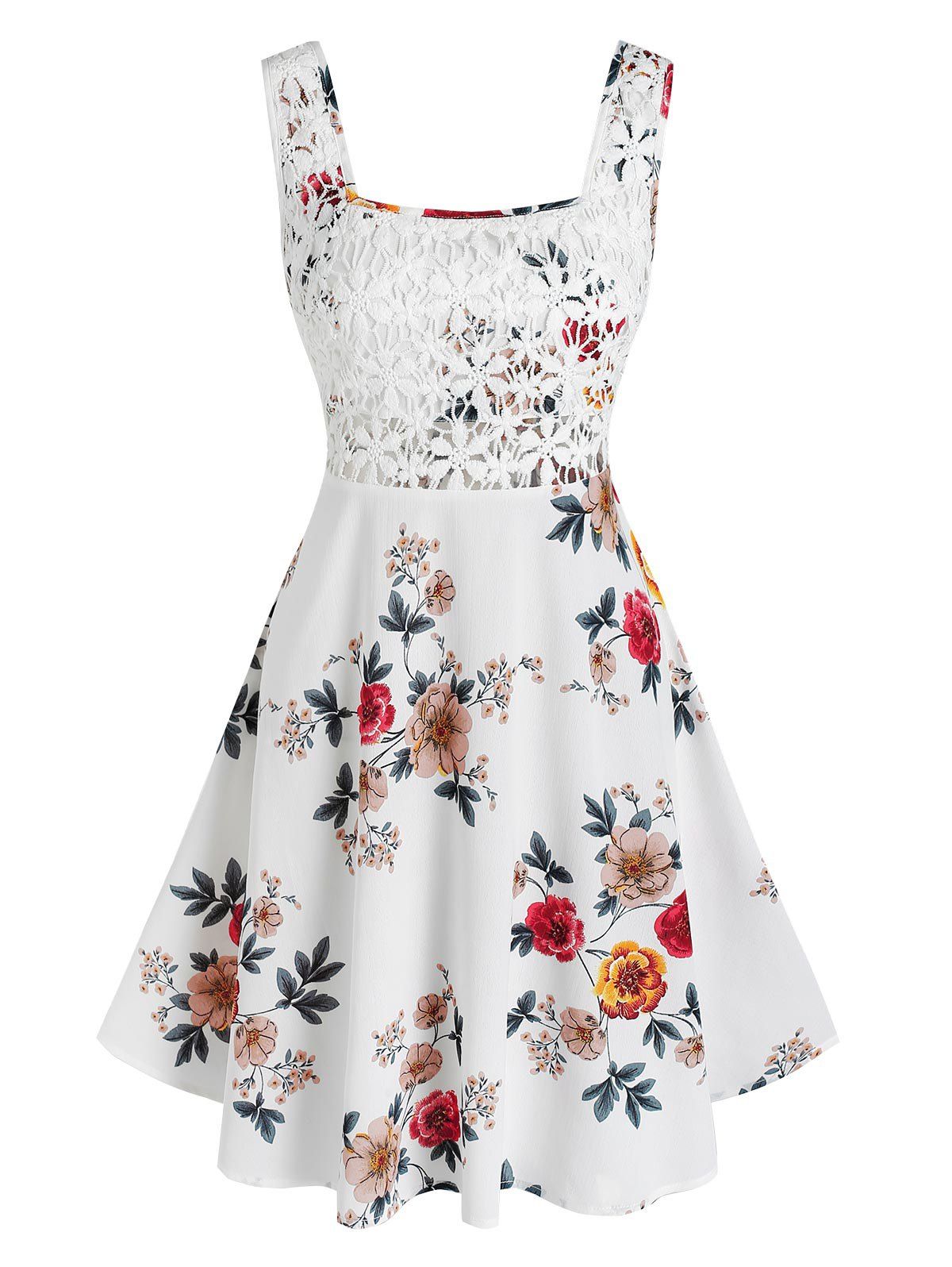Floral Print Summer Crochet Lace Panel Mini Flare Tank Dress - WHITE L