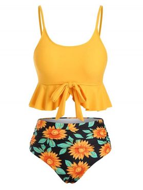 Bright Swimsuit Sunflower Floral Print Knot Ruched Ruffled Tankini Swimwear