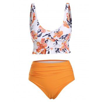 

Floral Ruffled Ruched Elasticated Straps Tankini Swimwear, Orange