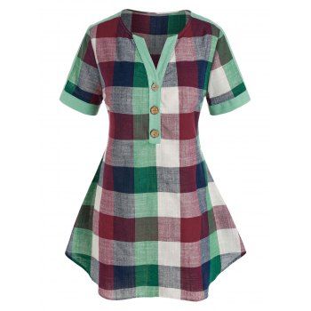 

Plus Size Button Placket Plaid V Notch Top, Multicolor