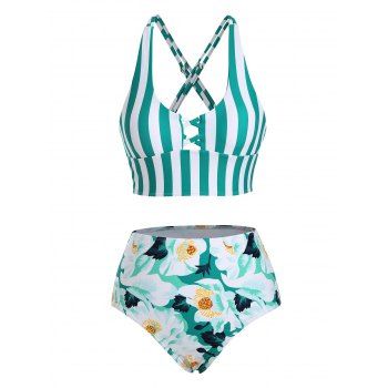 

Striped Floral Lattice Crisscross Back Tankini Swimwear, Green