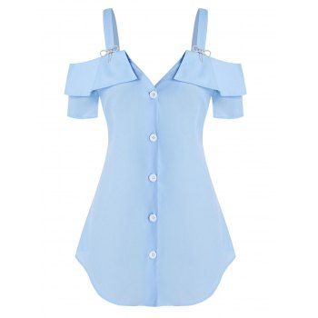 

Plus Size Diamante Bowknot Open Shoulder Ruffle Blouse, Light blue