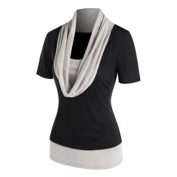 

Short Sleeve Cowl Neck Contrast T-shirt, Multicolor