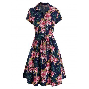 Tropical Flower Print Belted Shirt Dress
