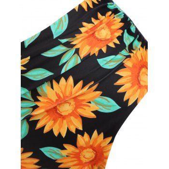 Bright Swimsuit Sunflower Floral Print Knot Ruched Ruffled Tankini Swimwear