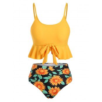 

Bright Swimsuit Sunflower Floral Print Knot Ruched Ruffled Tankini Swimwear, Yellow