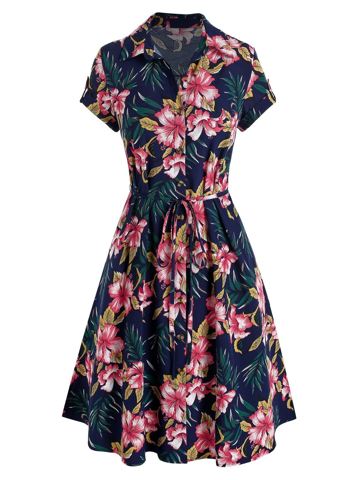 Tropical Flower Print Belted Shirt Dress - DEEP BLUE M