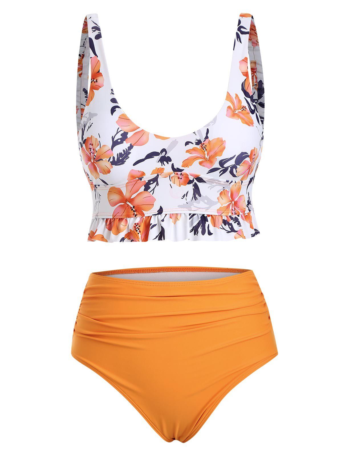 Floral Ruffled Ruched Elasticated Straps Tankini Swimwear - ORANGE XL