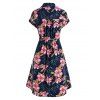 Tropical Flower Print Belted Shirt Dress - DEEP BLUE M