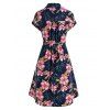 Tropical Flower Print Belted Shirt Dress - DEEP BLUE XXXL