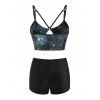 Beach Tankini Swimwear Astrology Galaxy Print Strappy Keyhole Boyshorts Mix and Match Swimsuit - BLACK XXL