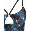 Beach Tankini Swimwear Astrology Galaxy Print Strappy Keyhole Boyshorts Mix and Match Swimsuit - BLACK XXL