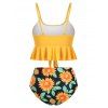 Bright Swimsuit Sunflower Floral Print Knot Ruched Ruffled Tankini Swimwear - YELLOW S