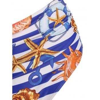 Marine Striped Print Lace Up O Ring Tummy Control Tankini Swimwear