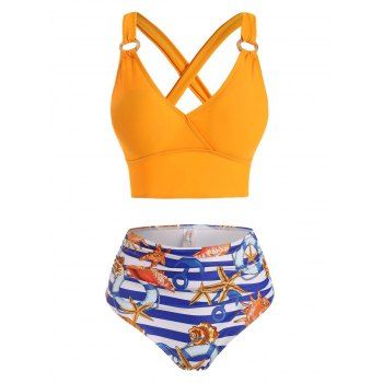 

Marine Striped Print Lace Up O Ring Tummy Control Tankini Swimwear, Multicolor