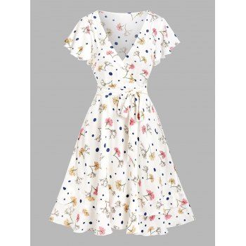 Floral Polka Dot Print Layered Belted Dress