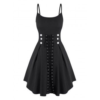 

Spaghetti Strap Mock Button Lace-up Dress, Black