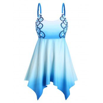 

Plus Size Ombre Scale Print Handkerchief Hem Skirted Tankini Swimwear, Blue