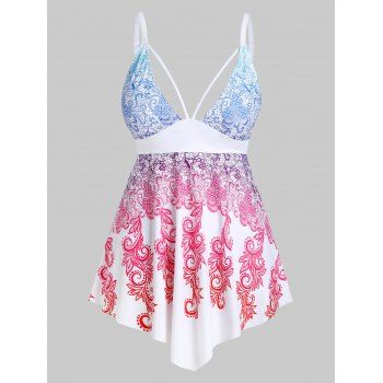 

Plus Size Empire Waist Printed Cutout Skirted Tankini Swimwear, White