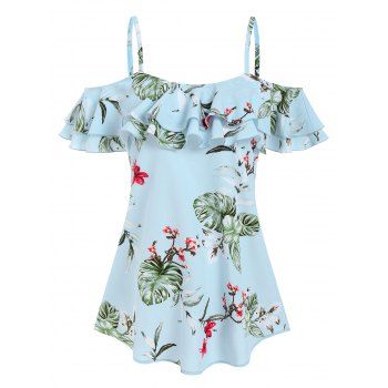 

Tropical Floral Print Cold Shoulder Flounced Blouse, Light blue
