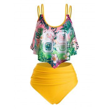 

Plus Size Flower Leaf Dual Strap Ruched Tankini Swimwear, Yellow