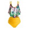 Maillot de Bain Tankini Feuille Fleuri à Bretelle de Grande Taille à Volants - Jaune 3X