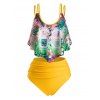 Plus Size Flower Leaf Dual Strap Ruched Tankini Swimwear - YELLOW 5X