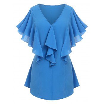 

Plus Size Butterfly Sleeve Ruffle Plunging Blouse, Blue