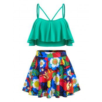 

Plus Size Flounce Flower Print Tankini Swimwear with Skirt, Green