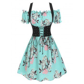 

Off The Shoulder Floral Print Dress and Lace-up Corset Style Vest, Medium turquoise