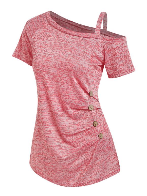 T-shirt Teinté Imprimé Boutonné à Volants - Rose clair XXL