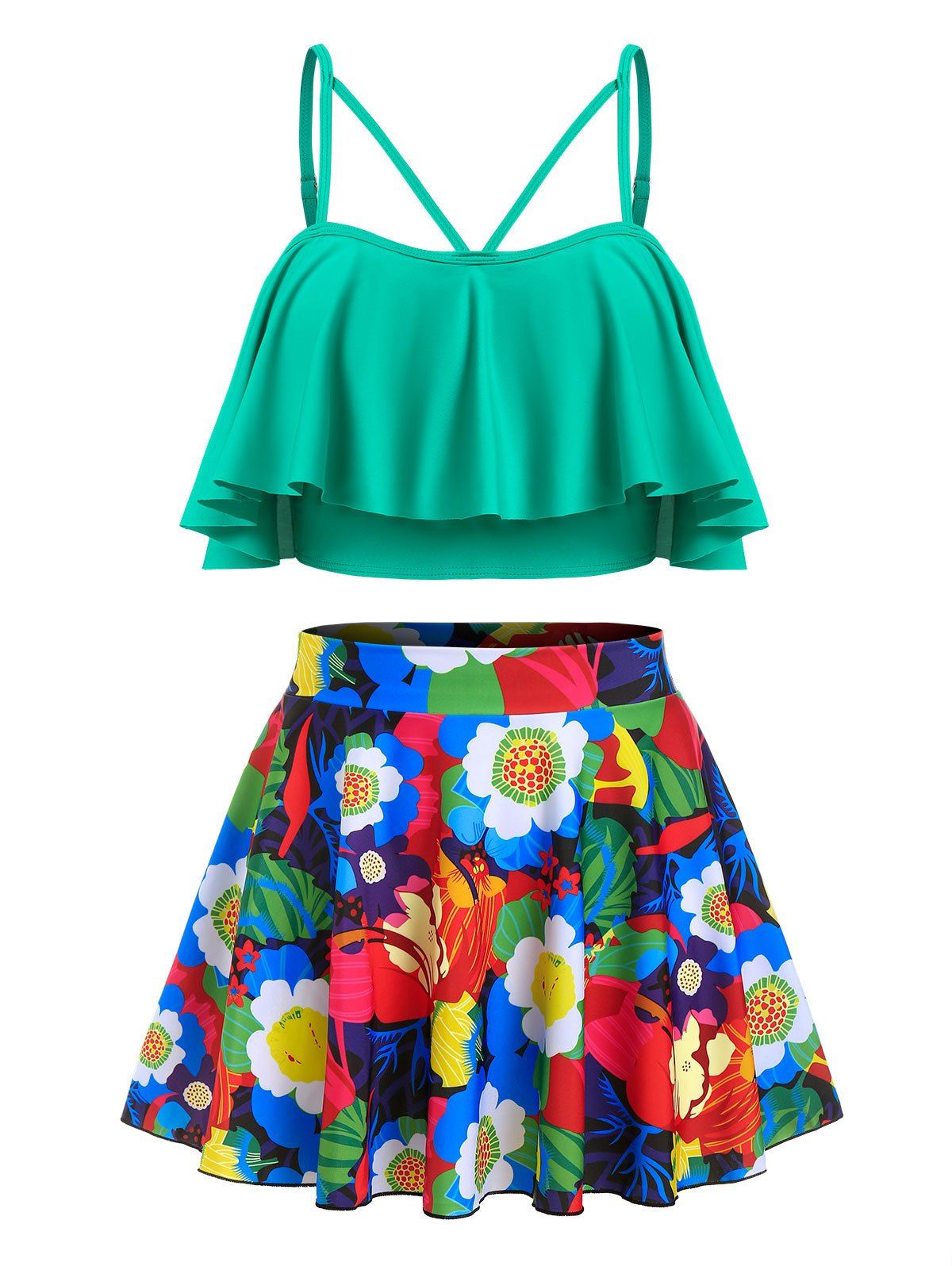 Plus Size Flounce Flower Print Tankini Swimwear with Skirt - GREEN L