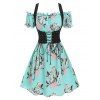 Off The Shoulder Floral Print Dress and Lace-up Corset Style Vest - MEDIUM TURQUOISE XXL