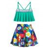 Plus Size Flounce Flower Print Tankini Swimwear with Skirt - GREEN L