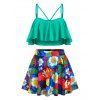 Maillot de Bain Tankini à Imprimé Fleur de Grande Taille à Volants avec Jupe - Vert 2X