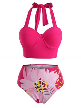 Plus Size Corset Style Flower Halter Lace-up Underwire Tankini Swimwear