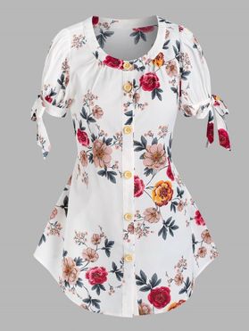 Button Front Tie Sleeve Floral Blouse