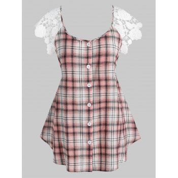 

Plus Size Plaid Button Up Lace Insert Blouse, Light orange