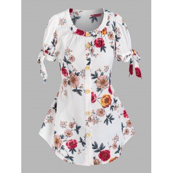 

Button Front Tie Sleeve Floral Blouse, White